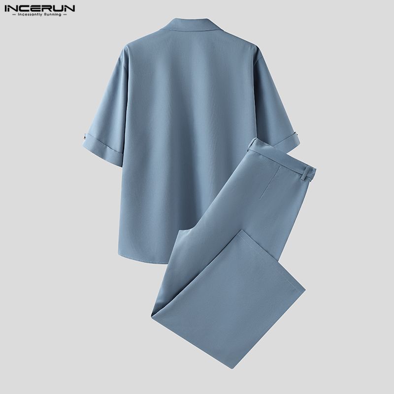 INCERUN Two Pieces Outfits Men Lapel Neck Short Sleeve Striped Shirt Long Suit Pants Sets