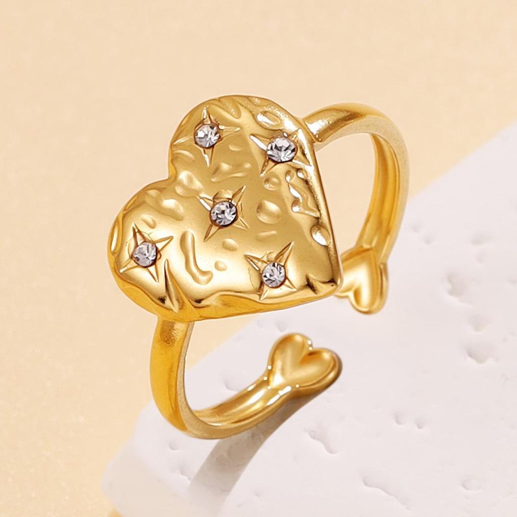Stainless Steel Heart Ring with Rhinestone and Irregular Texture - Sweet Academy Style for Women