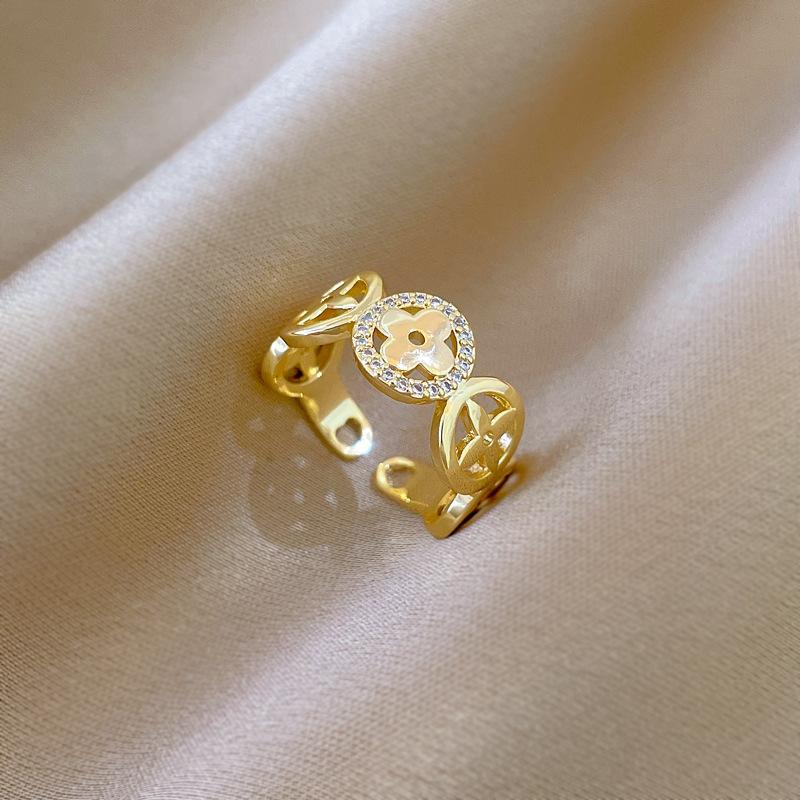 Real Gold Copper Coin Four-Leaf Flower Ring Opening Adjustable Light Luxury Jewelry Japanese Ring Couple Ring