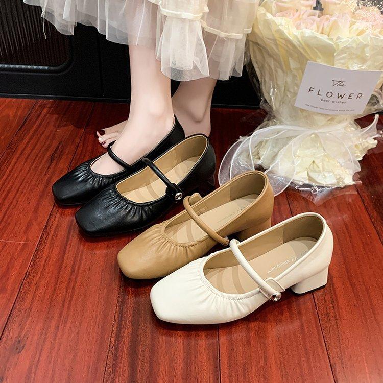 Soft Leather Women's Shoes with Single Shoes, New Spring Mid-heel Square Head Mary Jane Cheongsam Leather Shoes with Soft Soles