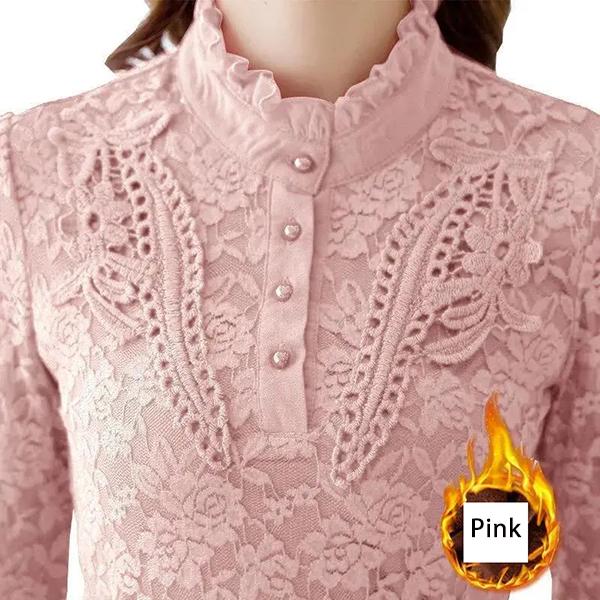 Plush Thickened Long Sleeve Lace Shirts Women's Autumn Winter Slim Fit Tops Large Size Warm Blouses