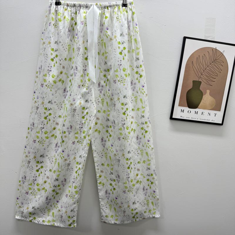 Damen-Blumen-Baumwoll-Seiden-Pyjama - Große Größen, Sommer, Leicht, Für draußen, Gerades Bein, Lockerer Schnitt