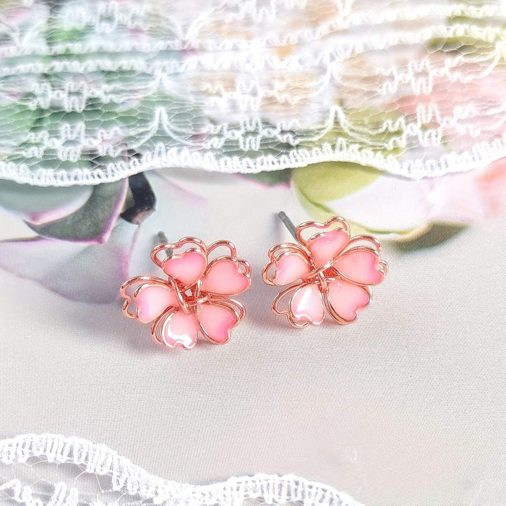 Pair of Women's 3D Cherry Blossom Stud Earrings - Elegant & Cute Rose Golden Floral Design with Pink Petals, Lightweight Comfort for Daily Wear