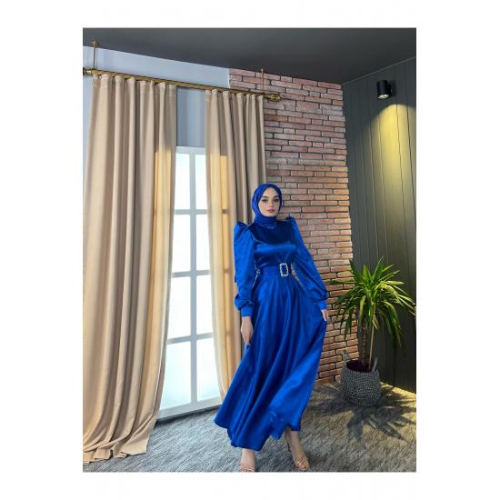 Women's Satin Hijab Evening Dress with Stone Buckle Waist and Flared Skirt