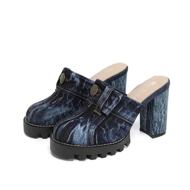 Fashion High-heeled Bag Head Fashion Denim Slippers Women's Thick Heel Waterproof Table Retro Muller Cool Slippers