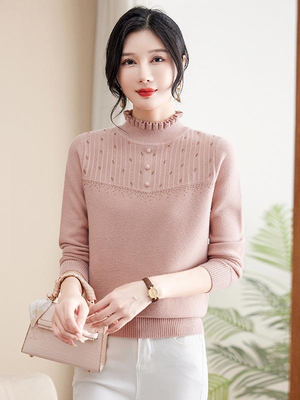 Mom's Autumn Style Elegant Half-High Collar Sweater for Middle-Aged and Elderly Women - Knitted Fall/Winter Inner Wear
