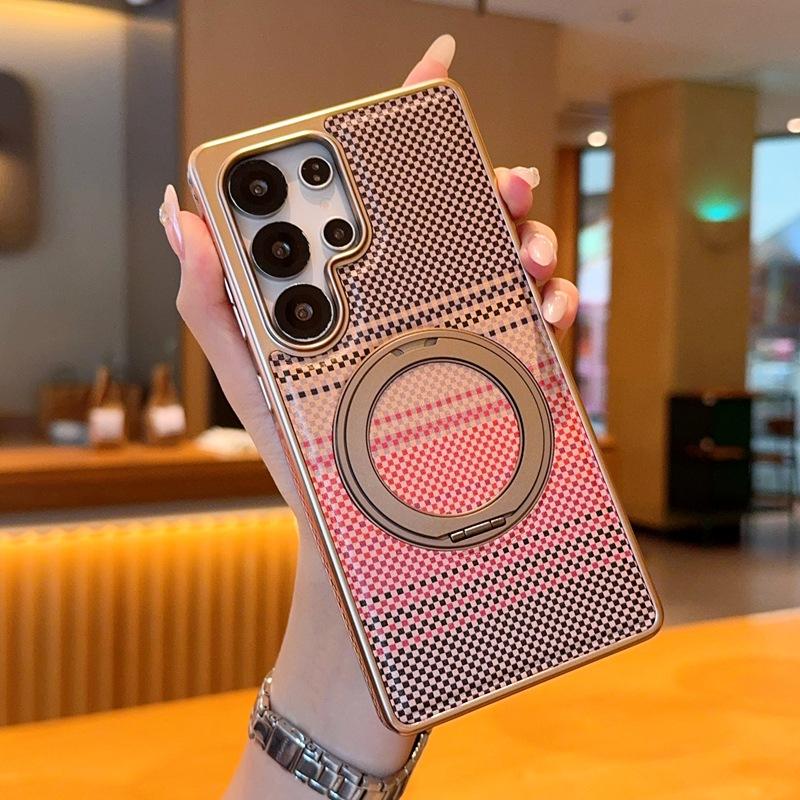

Pu Leather Phone Case for Samsung Galaxy S25 Ultra S25Edge S24 Plus Colorful Plaid Pattern Magnetic Rotating Bracket Ring Cover Galaxy S25 Edge коричневый