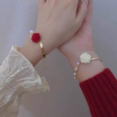 Women Bracelet Rose Flower Charm Electroplating No Fading Bow Ornament Faux Pearl