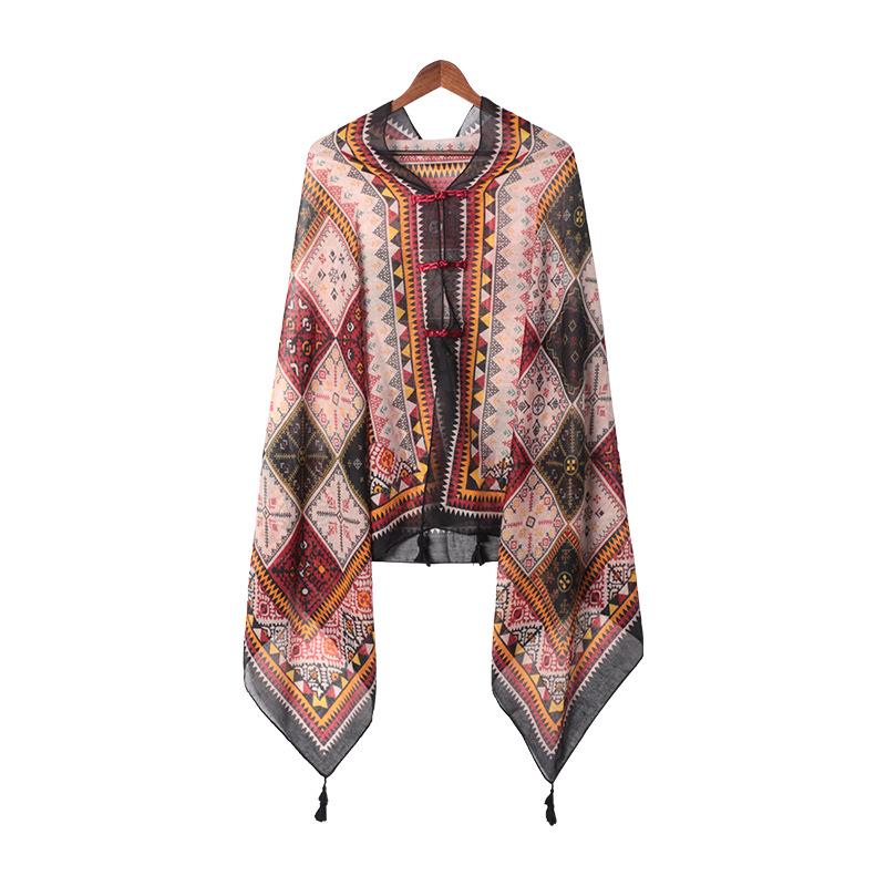 "Summer Ethnic Style Cotton-Linen Shawl: Handmade Retro Button Sunscreen Beach Cover-Up"