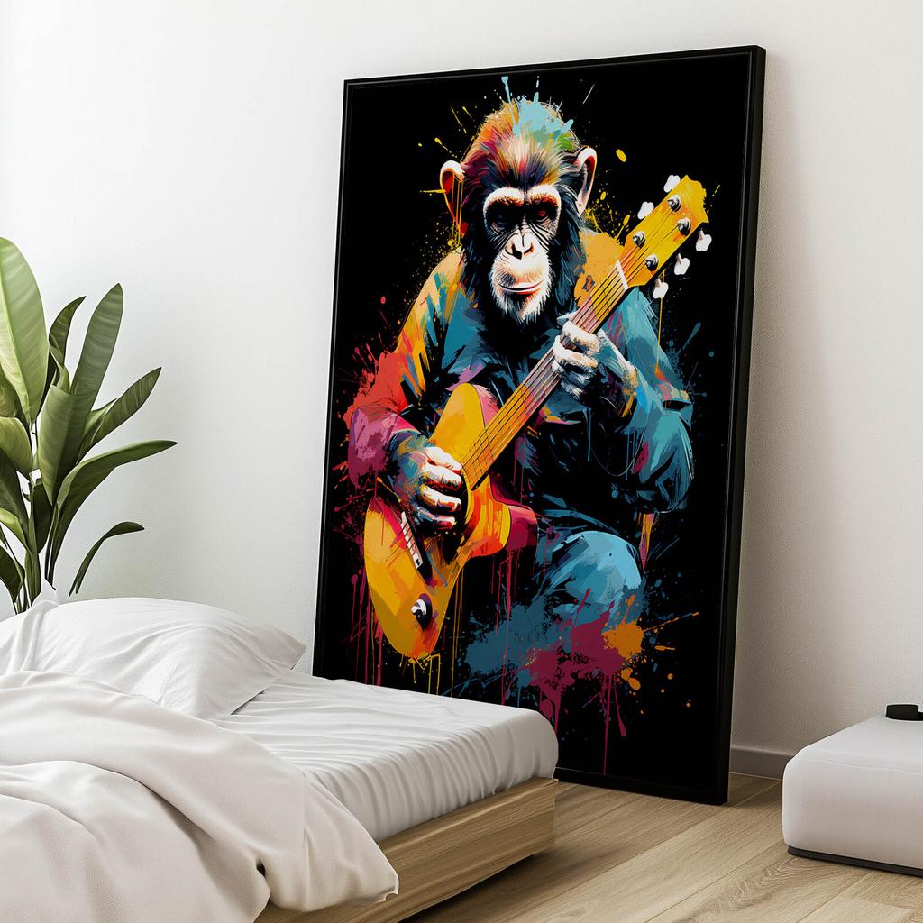 Małpa Z Gitarą Małpa Z Gitarą, 70X100 Cm, Rama Aluminiowa Czarna, Papier Matowy 230 Gsm