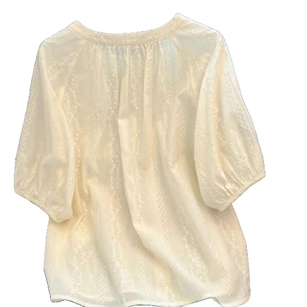 Damska francuska retro żakardowa bawełniana bluzka babydoll z haftem w kolorze morelowym