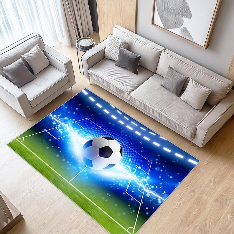 3D Football Carpet Photorealistic Radiant Blue Glow & Sparkle Print Rug, Energetic Motion Illusion Floor Mat for Sports Fan Room