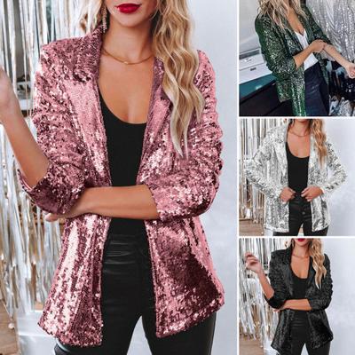 Lady Sequin Coat Open Stitch Cardigan Turn-down Collar Long Sleeves Solid Color Formal Business Jacket Office Commuting Outerwear