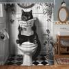 Funny Cat Shower Curtain,Humorous Black Cat Animal Sitting On Toilet Reading Newspaper Fun Shower Curtains Set,Black White Retro