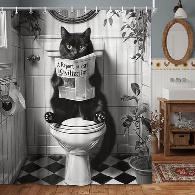 Lustiger Katzen-Duschvorhang, Humorvoller Schwarzer Kater Tier Sitzt auf der Toilette Liest Zeitung Lustige Duschvorhänge Set,Schwarz Weiß Retro