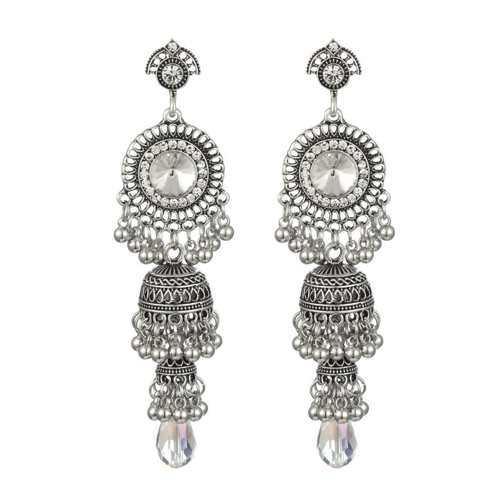 Personalized Micro-diamond Earrings Thai Retro Women's Long Luxury Imitation Large Gemstone Bell Fringed Earrings