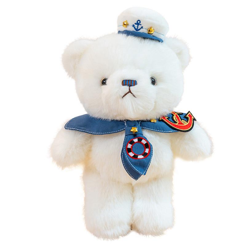 Plush Navy Bear Toy With Captain Uniform Soft Stuffed Animal Decor Playroom