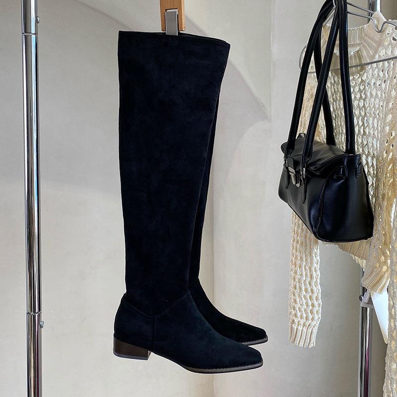 Fashion Fashion Flock Pleated Women Knee High Boots Low Heel Shoes Pointed Toe Modern Ladies Long Boots Female Pumps Shoes