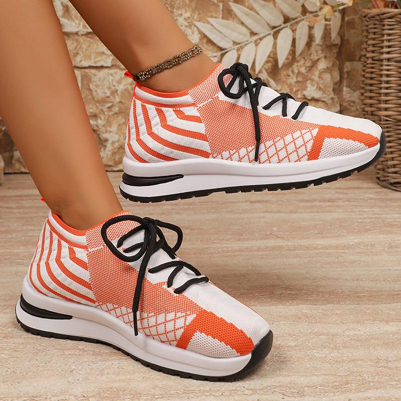 Fashion Orange White Striped Knitted Sneakers Women Plus Size Breathable Mesh Running Shoes Woman Non Slip Tennis Walking Shoes