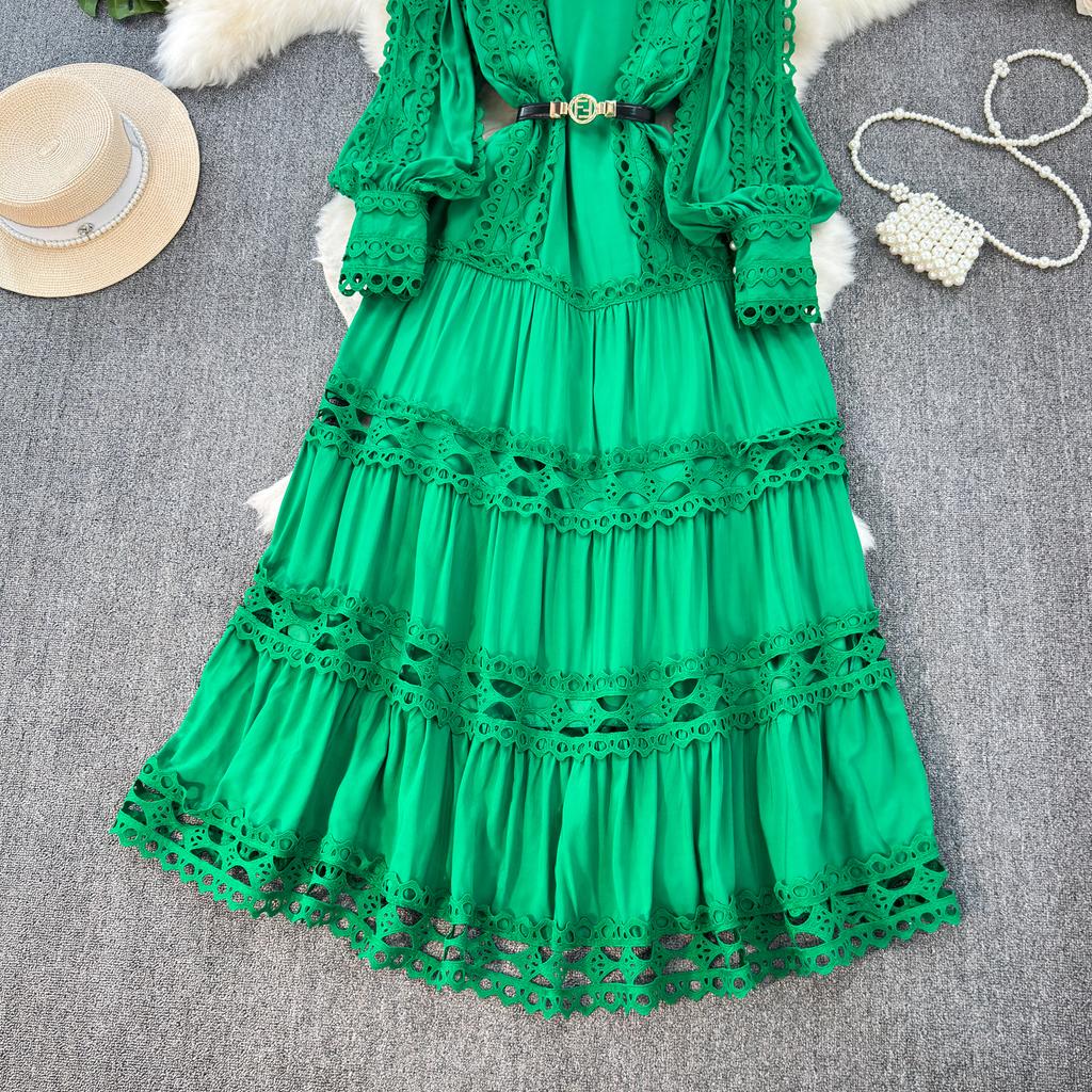 Court Style Elegant Dresses for Women Crochet Lace Hollow Out O-neck Lantern Sleeve Female Vestidos A-line Belted Dress Dropship