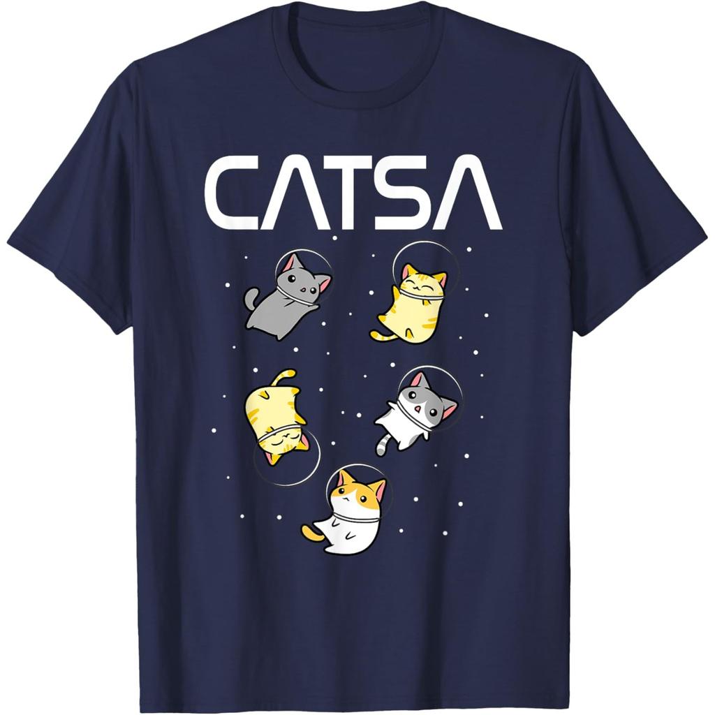 Catsa Astronaut Cats Graphic Tee Funny Space Lover Print Round Neck T-Shirt