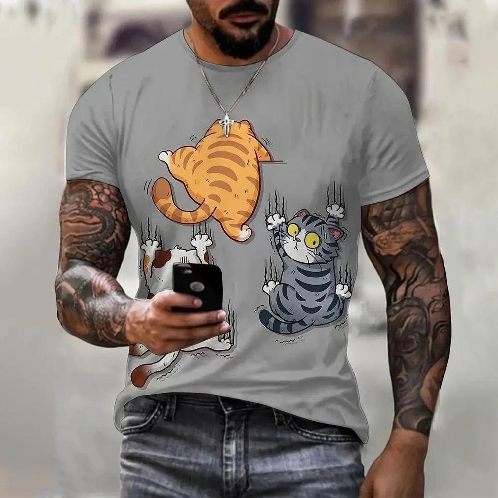 Men's T-Shirt Cat Pattern 3d Print Casual Short Sleeve T-Shirts Summer Fashion Streetwear Crew Neck Pullover Oversized Male Top