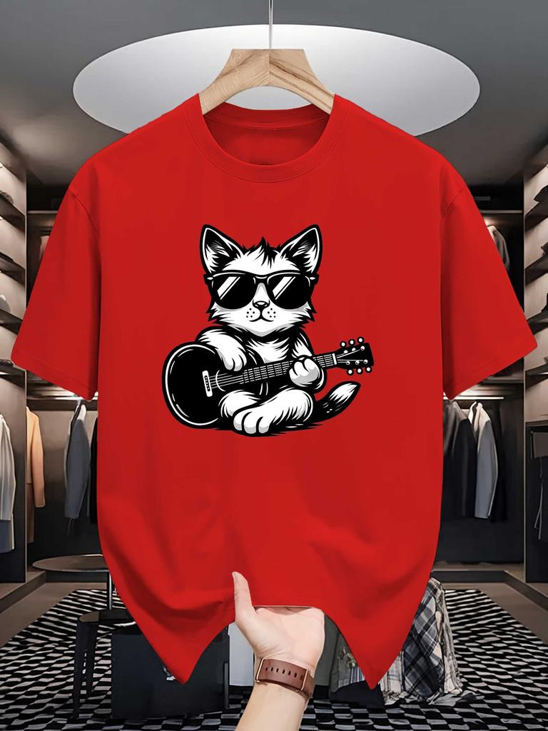 Unisexs Crew Neck T Shirt Hip Cat Sunglasses Play Guitar Rock Music Cartoon Graphic Short Sleeve Casual Cotton Street Tees
