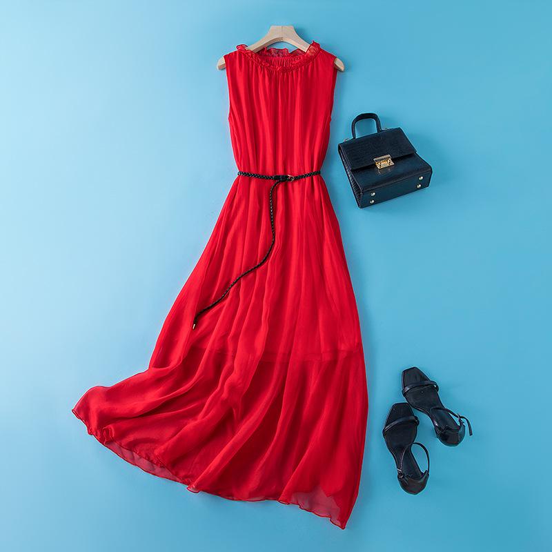 Elegant Sleeveless Silk Midi Dress with Belted Waist and Loose Hem for Summer 2022 Women's Fashion.