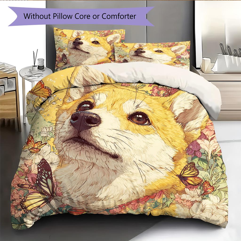 Shiba Inu and Fresh Flowers Pattern Bedding Home Decoration Birthday Gift (1 * duvet cover + 2 * pillowcase, without core)