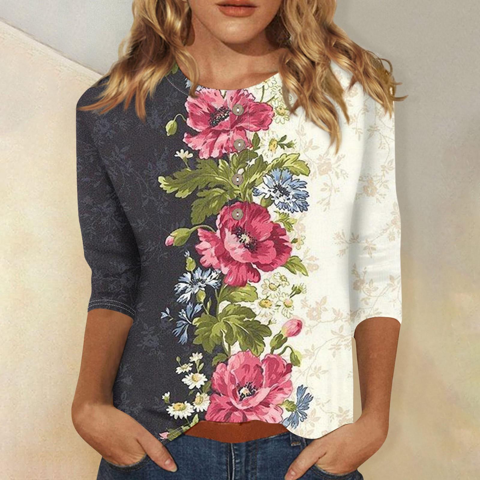 

Женская мода Повседневная новая пуговица с круглым вырезом и рукавами 3/4 Свободная футболка с принтом Женский топ