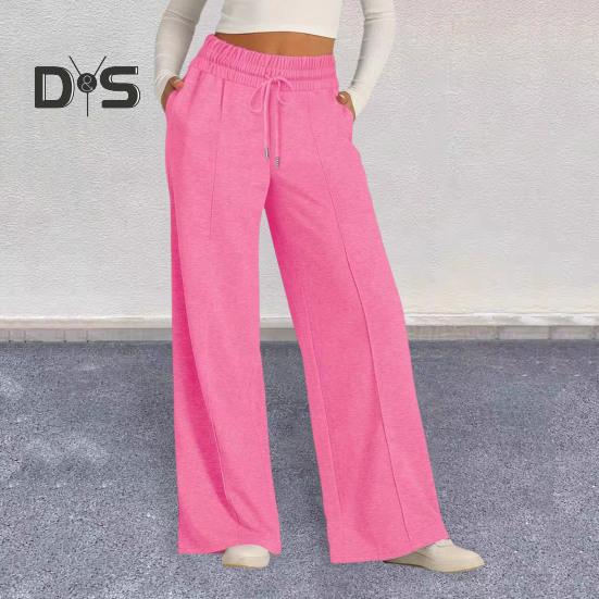 Women Sweatpants Elastic Mid-rise Adjustable Drawstring Straight Wide Leg Jogger Athletic Pants with Pockets Loose Fit Yoga Trousers