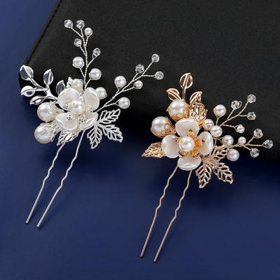 Crystal Rhinestone Hollow Leaf Hairpin Pearl U Shape Hair Pin For Wedding Bridal Party Updo Hairstyle Elegant Hair Accessories