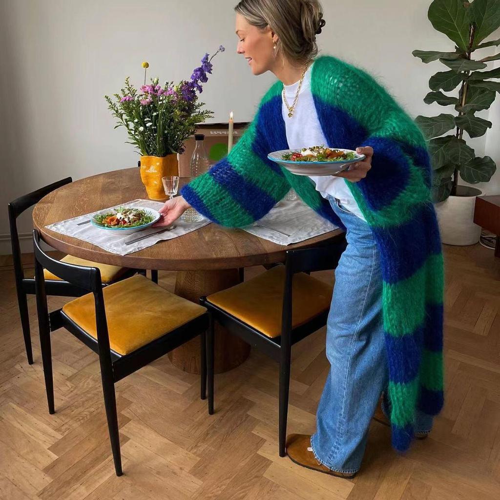 2024 Autumn Contrast Striped Lazy Style Long Sweater Coat (Model HY062)