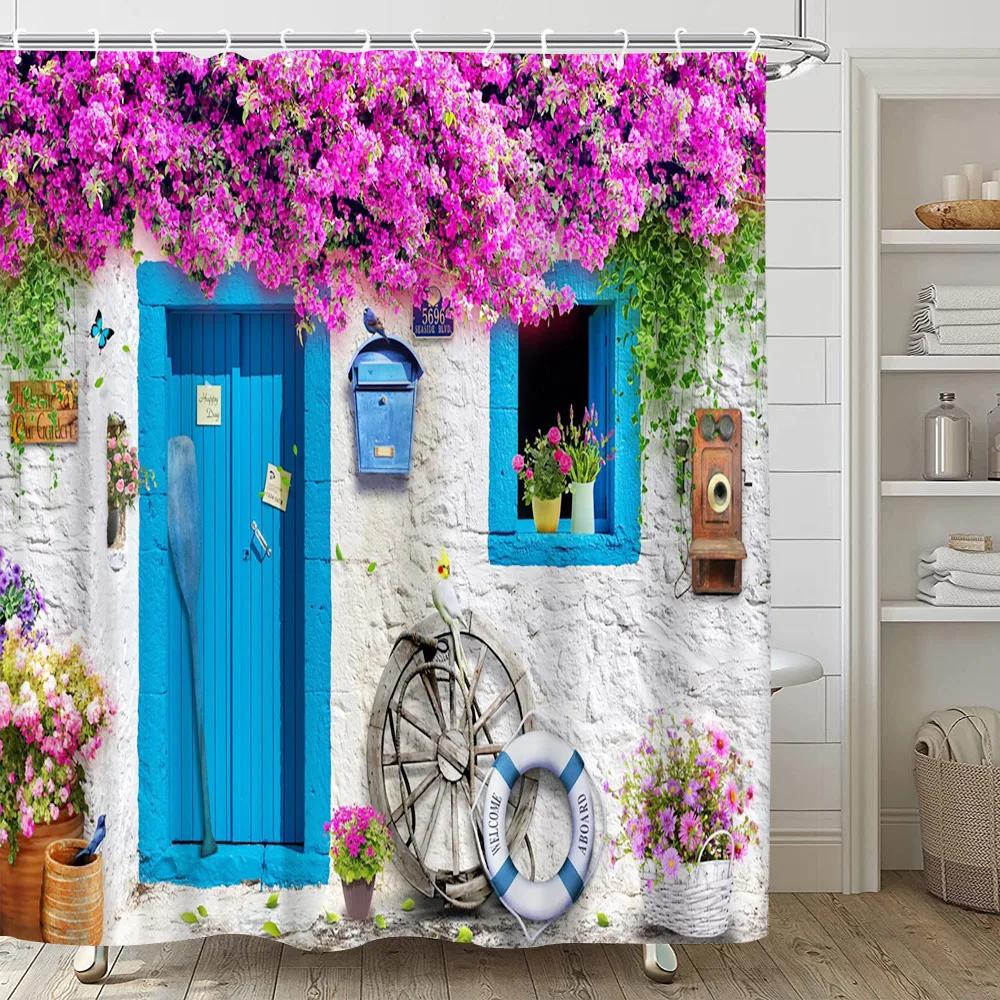 Greek Town Street View Shower Curtain Blue Wooden Doors Windows Flower Plant Wall Decor Bathroom Hanging Curtains Set With Hooks