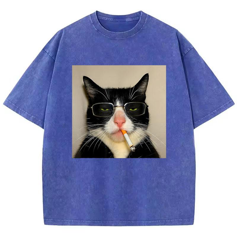 Oversize Cool T Shirt Vintage Washed Cotton T-Shirt Hip Hop Smoking Cat Graphic Tee Casual Streetwear Spring Summer