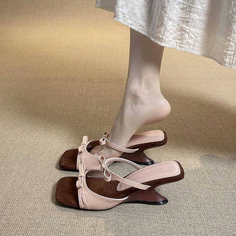 Silver bow wedge heel temperament sandals women's summer new high heel cool slippers women
