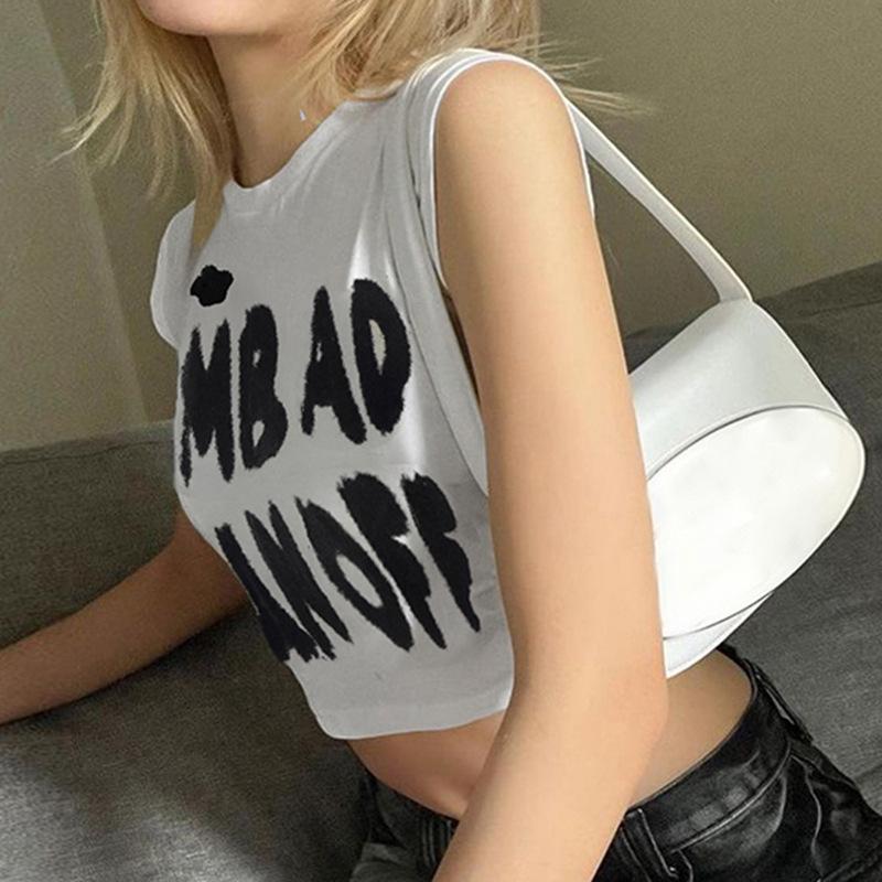 WTEMPO Brand Fashion English Letter Printing Slim Short Sleeve Top Women's Black and White Contrast Color Exposed Umbilical Super Short T-shirt