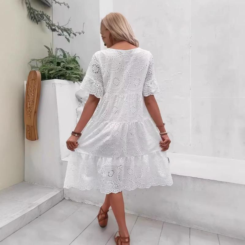 European and American fashion new wish hot sale solid color cotton embroidered lace hollow dress