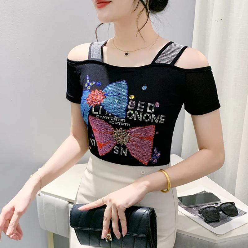 Summer Women Bow Letter Shiny Hot Diamonds T-Shirt Sexy Off Shoulder Slim Top New Chic Short Sleeve Tees Shirts