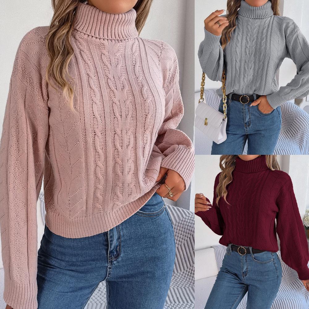 Women's 2023 Autumn/Winter Casual High Neck Cable Knit Long Sleeve Pullover Sweater