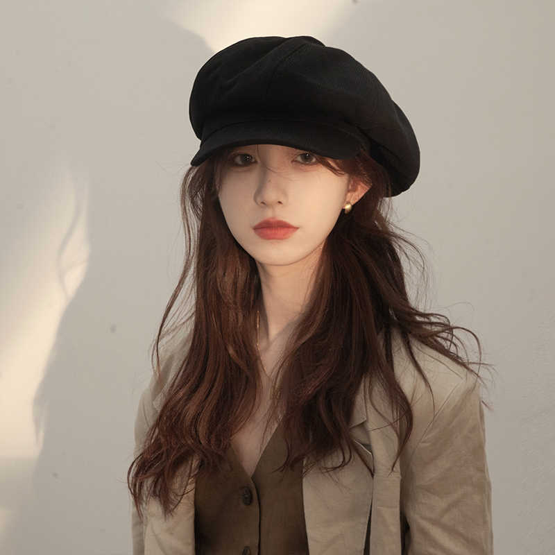 Beret Women's Spring and Autumn Retro Versatile Corduroy Octagonal Hat Big Head Circumference Showing Face Small Painter Hat