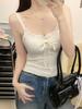 #Early autumn new sweet polished V-neck lace splicing bow sling slim fixed with chest pad