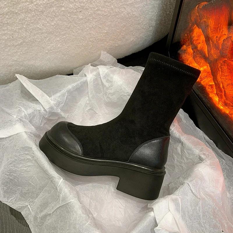 SyfIyno NEW Comfy High Brand Women's Shoes Women's Boots Mid-Calf Boots Round Toe Low Heel Short Leg Women's Fashion Boots