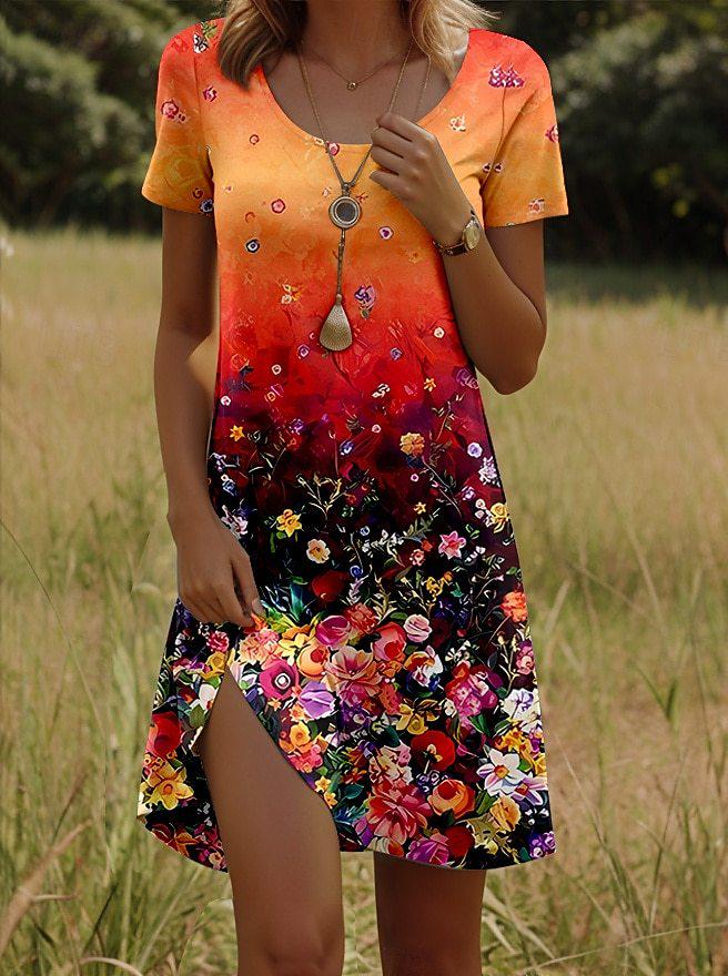 Women's New Round Neck Short Sleeve Dress with Indian Print – European & American Style