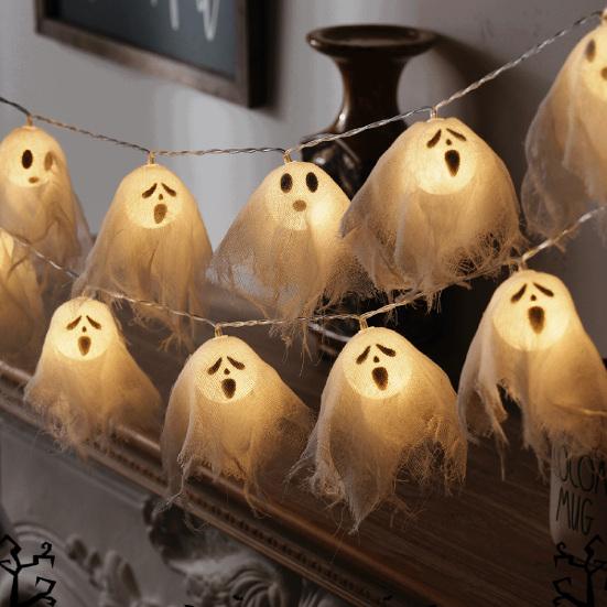 LED Duchové světelný řetěz Ručně vyrobená svítící halloweenská látková duchová girlanda na párty, strašidelný dům, krb, dekorace na verandu