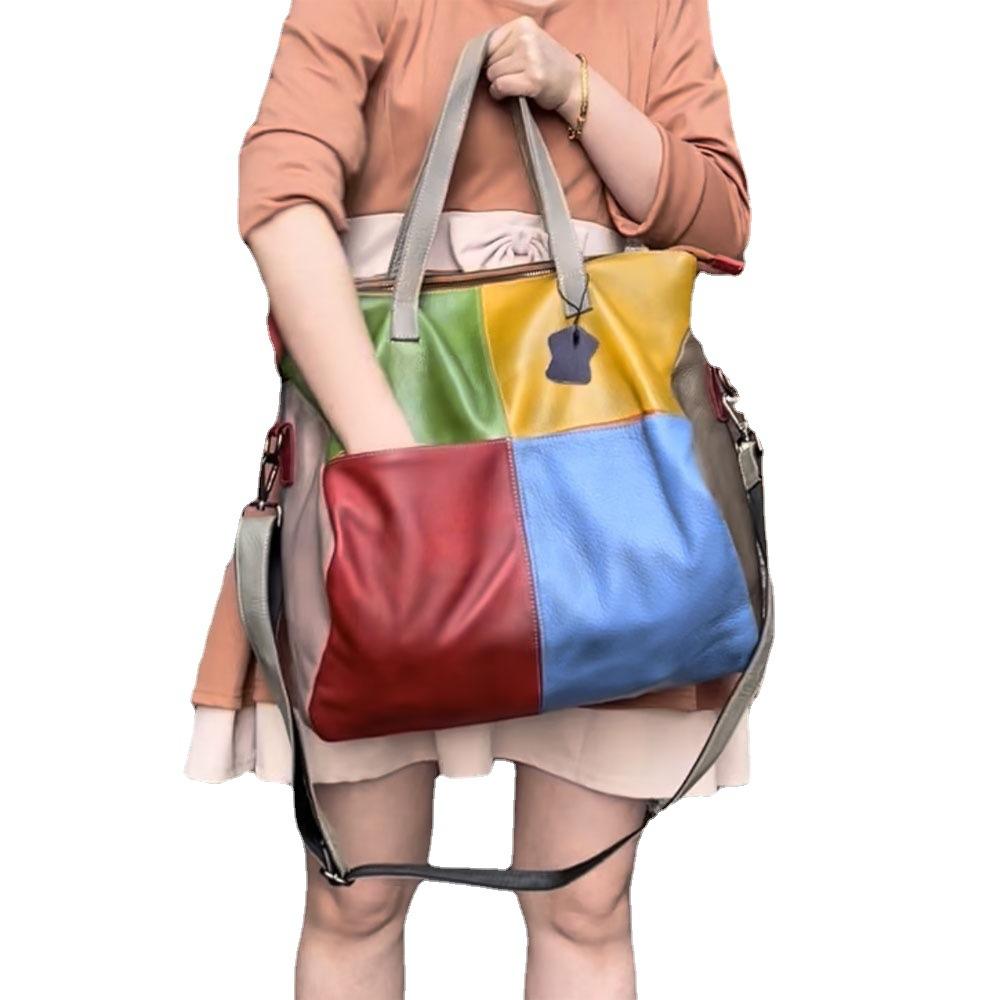 Damentasche aus echtem Leder, Retro-Rindsleder, kontrastfarbene Schulter-Crossbody-Tasche mit großem Fassungsvermögen