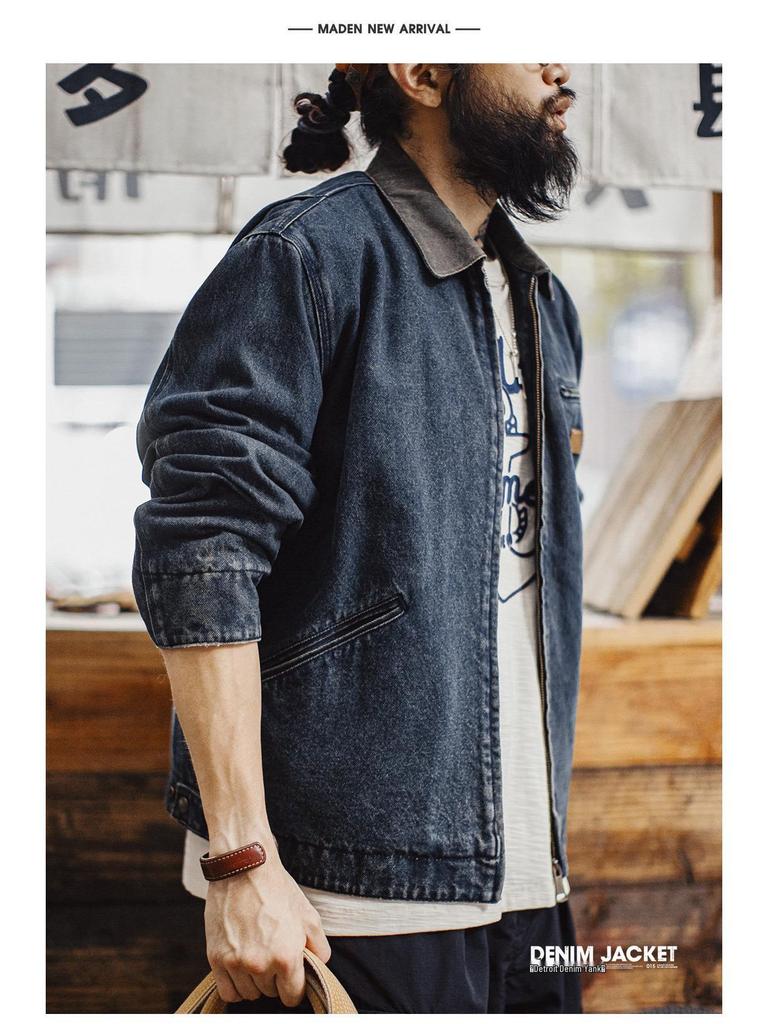 Men's American Retro Denim Detroit Jacket: Washed & Distressed Casual Lapel for Spring