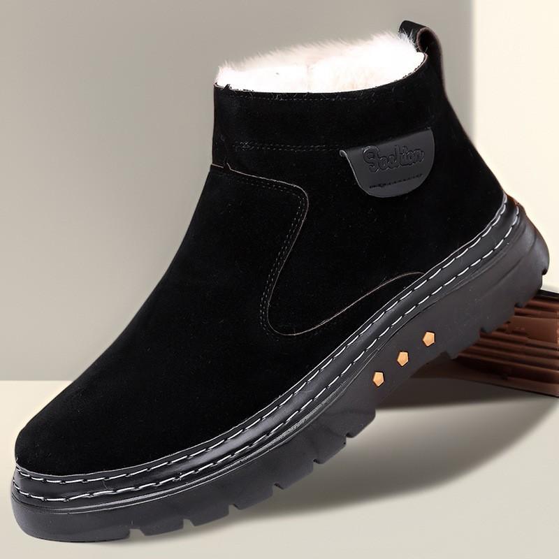 

Зимняя Новая Мужская Хлопковая Обувь Натуральная Кожа Шерстяной Флис Цельная Теплая Повседневная Обувь с Высоким Голенищем Реверсивная Коровья Кожа Мужская Обувь 46 чёрный