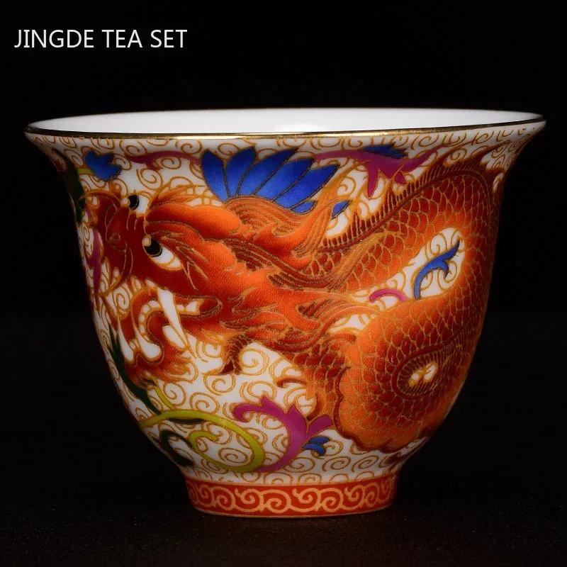 2pcs Chinese Handmade Porcelain Tea Cup Household Dragon and Phoenix Pattern Teacup Ceramic Master Cup Personal Tea Bowl Teaware