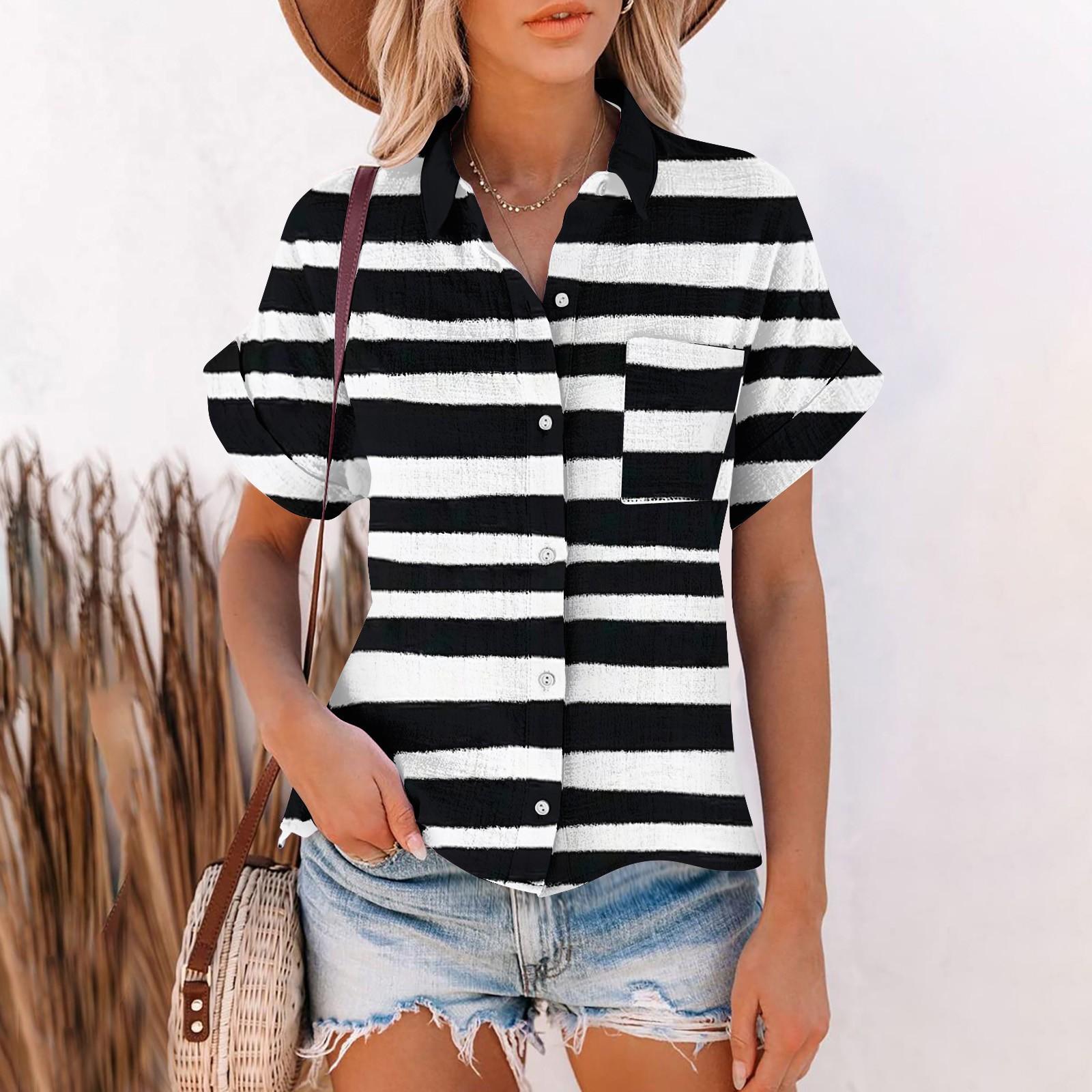 Женская повседневная модная хлопково-льняная полосатая женская рубашка с коротким рукавом с принтом XL чёрный